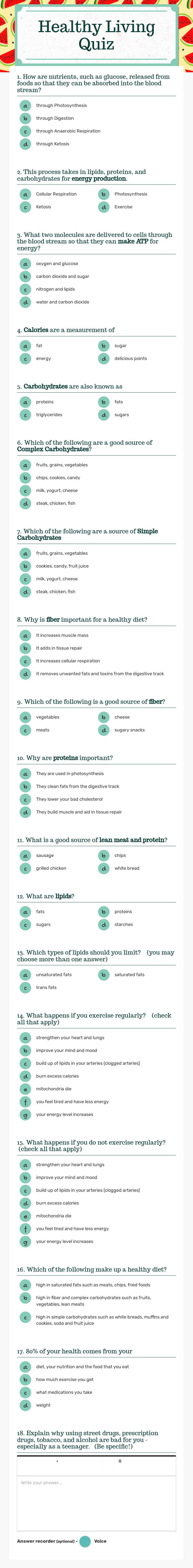 Healthy Living Quiz Grade 8 worksheet preview
