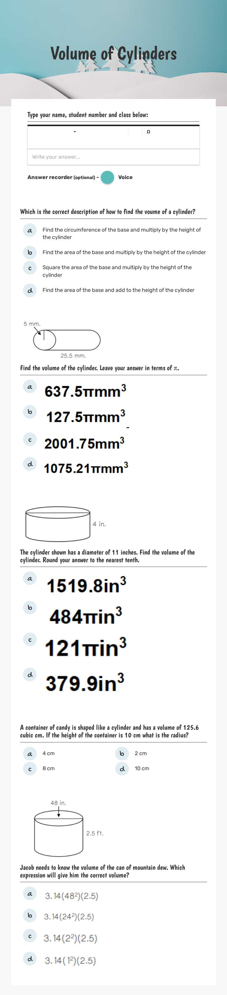 Volume of Cylinders worksheet preview image