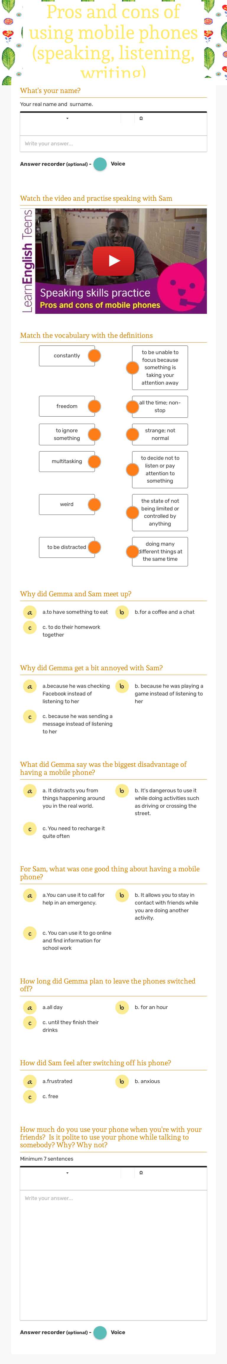 Pros and cons of using mobile phones (speaking, listening, writing) worksheet preview image