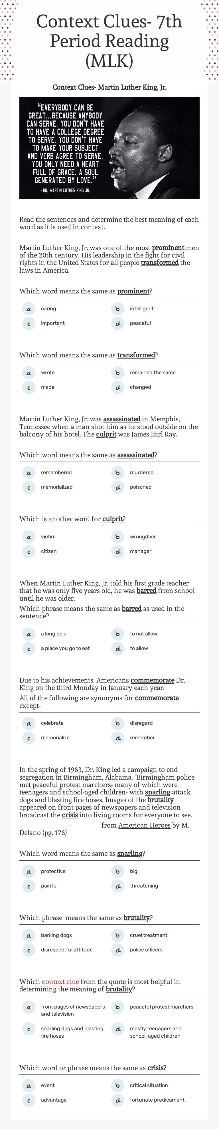 Context Clues- 7th Period Reading (MLK) worksheet preview image
