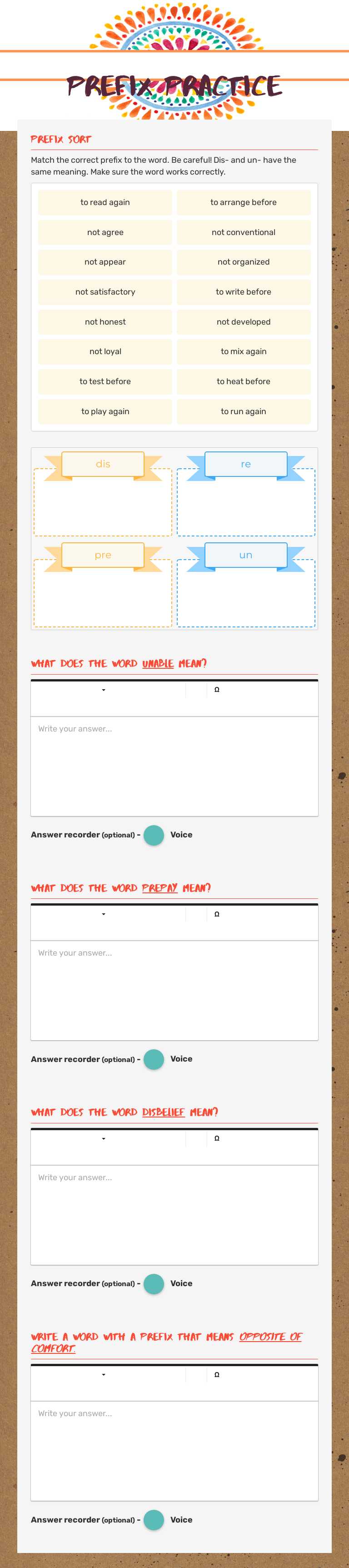 Prefix practice Grade 3 worksheet preview