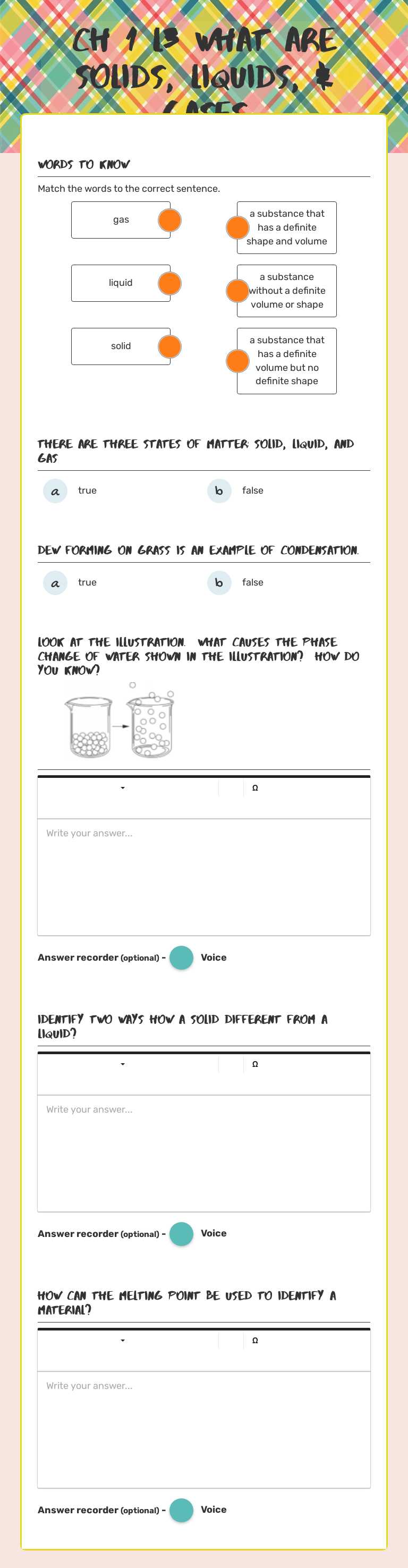 CH 1 L3 What are Solids, liquids, & gases Grade 5 worksheet preview