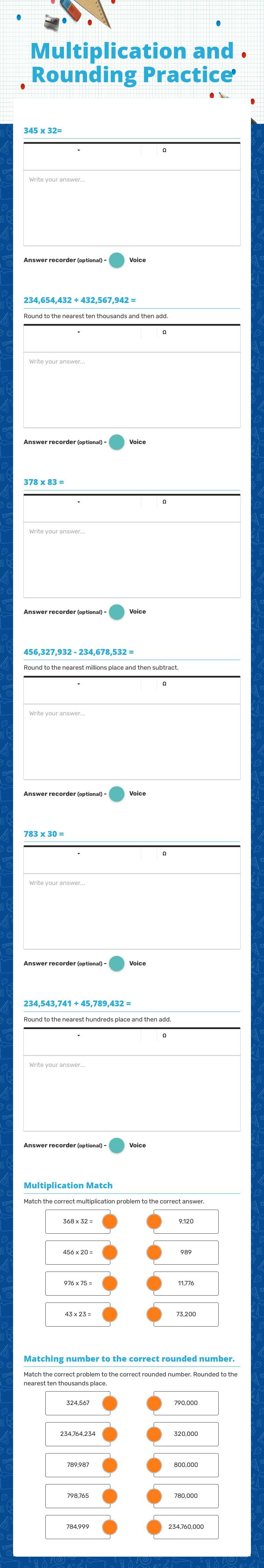Multiplication and Rounding Practice Grade 5 worksheet preview