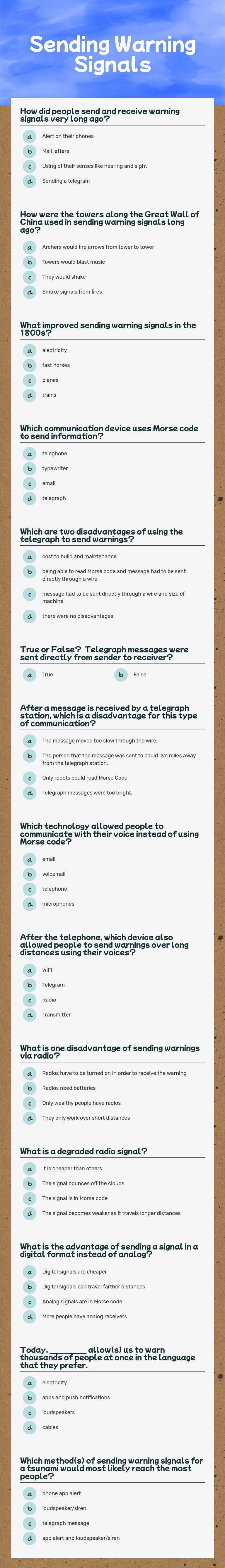 Sending Warning Signals worksheet preview image