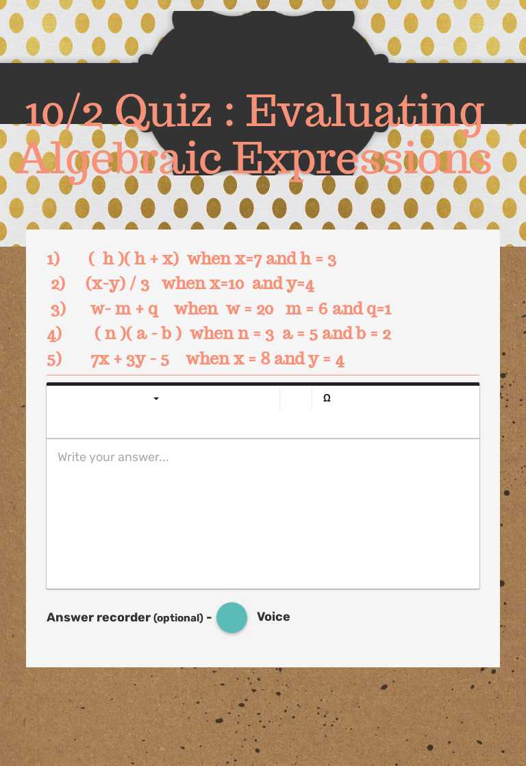 10/2 Quiz : Evaluating Algebraic Expressions worksheet preview image