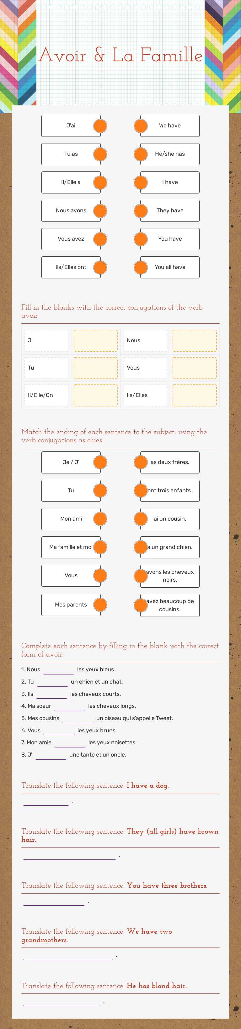 Avoir & La Famille Grade 7 worksheet preview