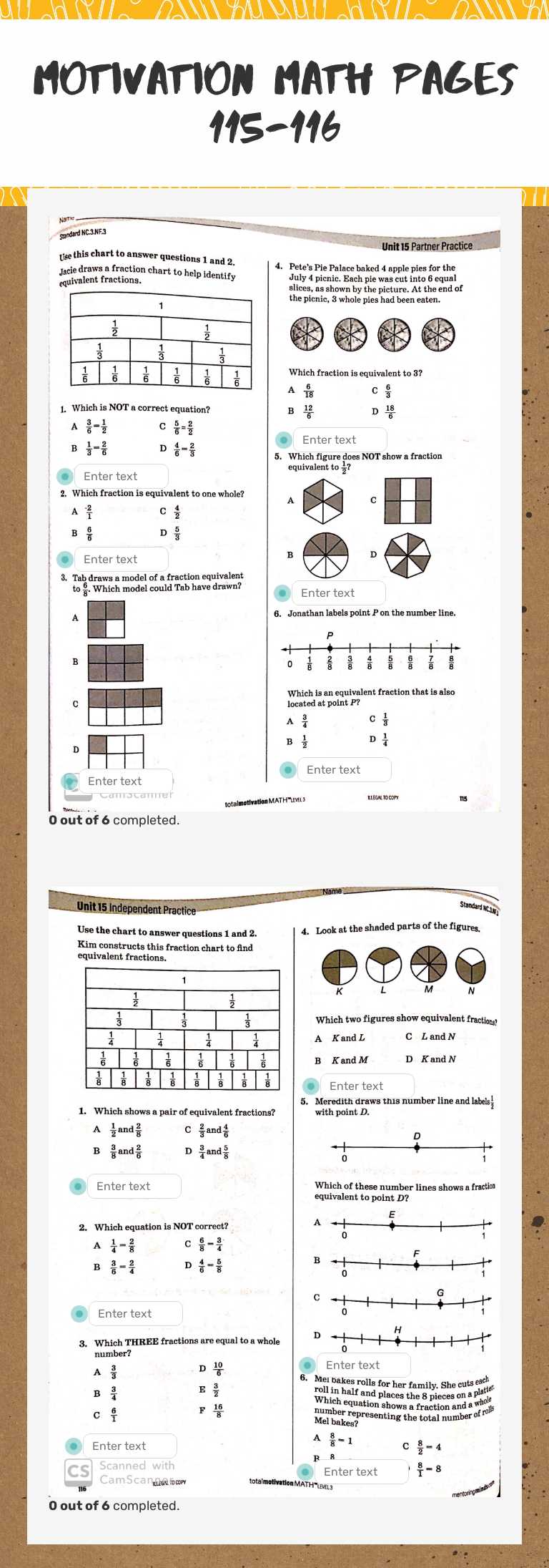 Motivation math Pages 115-116 worksheet preview image