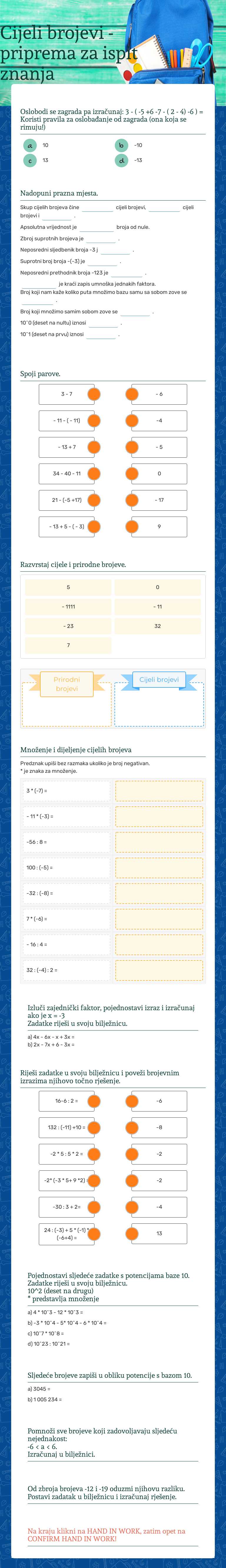Cijeli brojevi - priprema za ispit znanja worksheet preview image