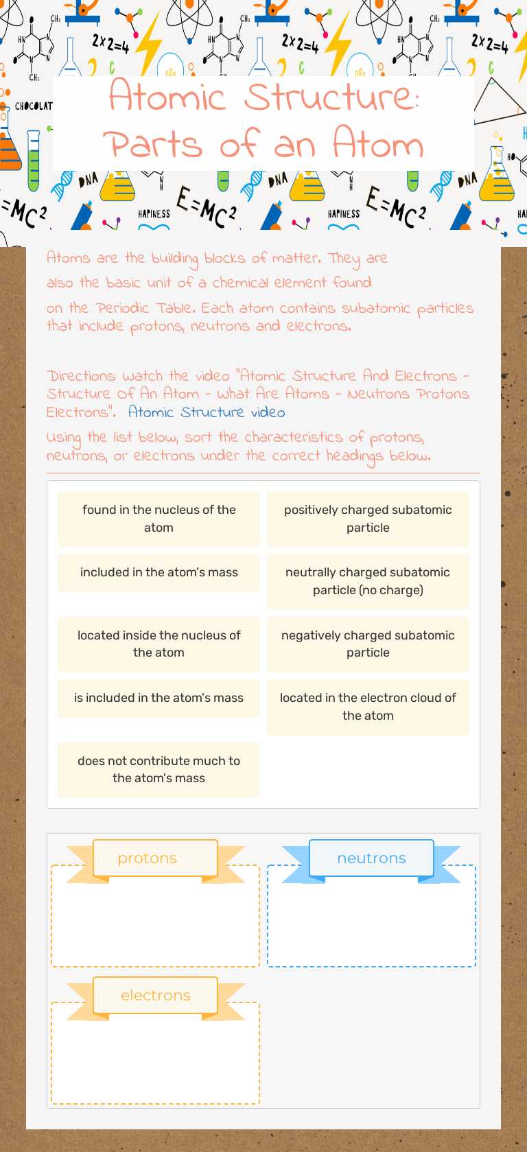 Atomic Structure:   Parts of an Atom worksheet preview image