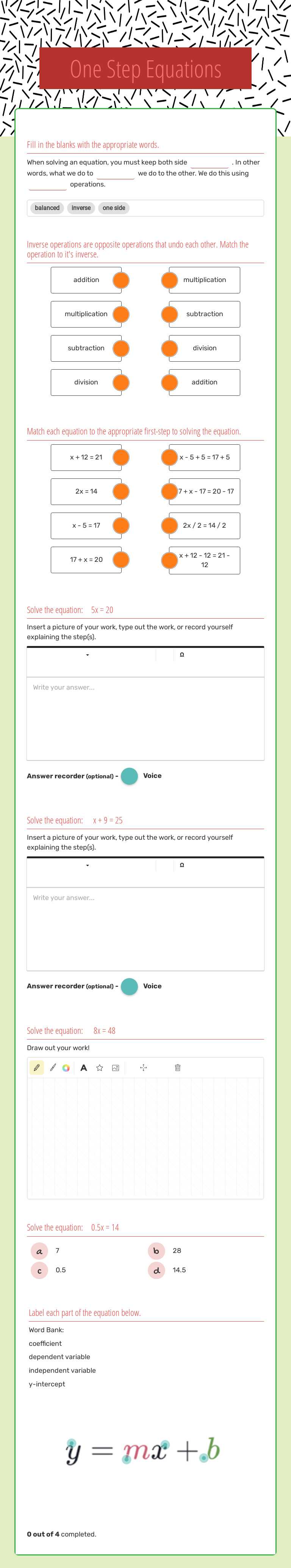 One Step Equations worksheet preview image