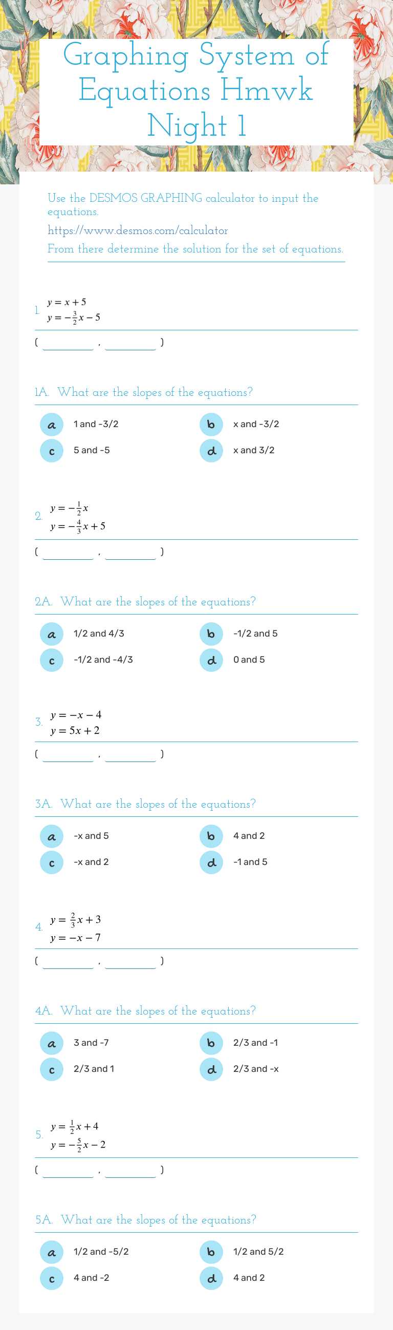 Graphing System of Equations Hmwk Night 1 worksheet preview image