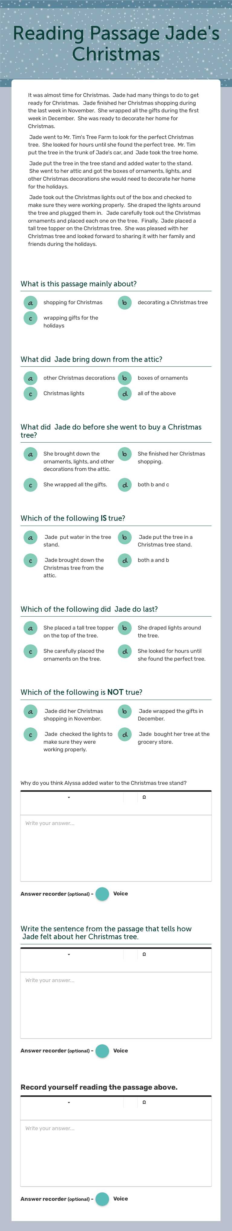 Reading Passage
Jade's Christmas Grade 3 worksheet preview
