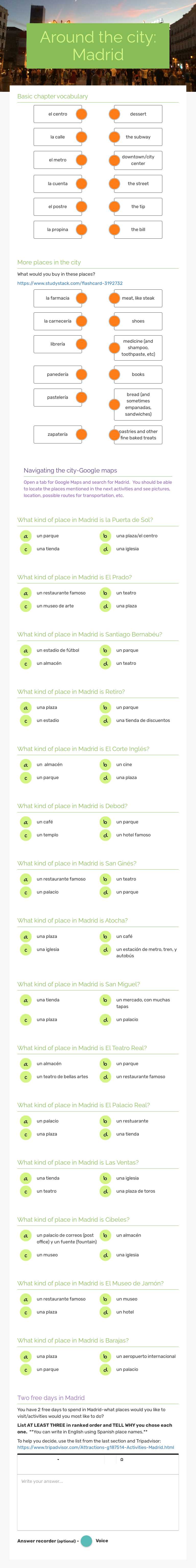 Around the city:  Madrid worksheet preview image