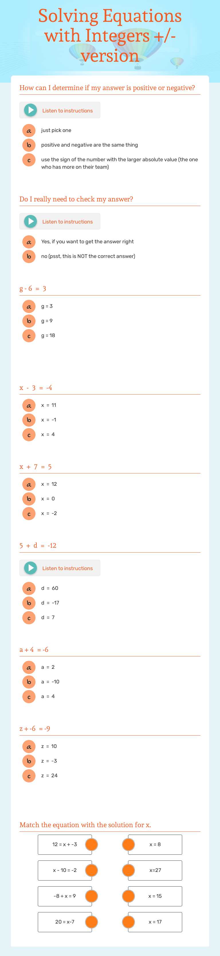 Solving Equations 
     with Integers      +/- version worksheet preview image