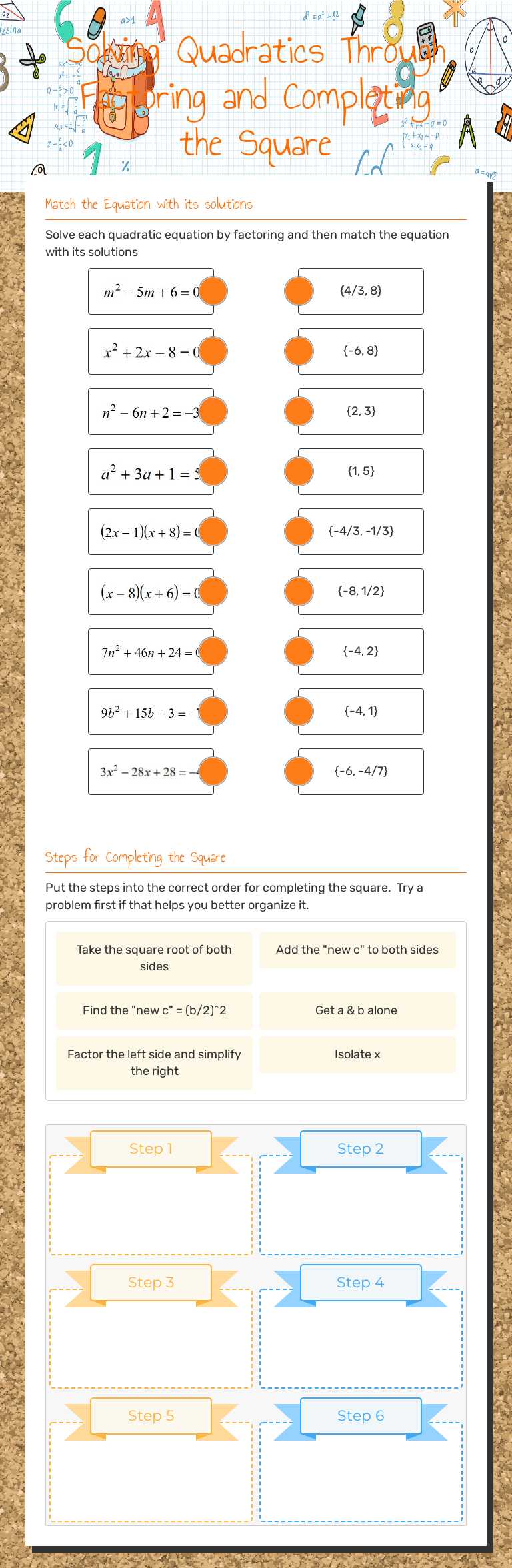 Solving Quadratics Through Factoring and Completing the Square worksheet preview image