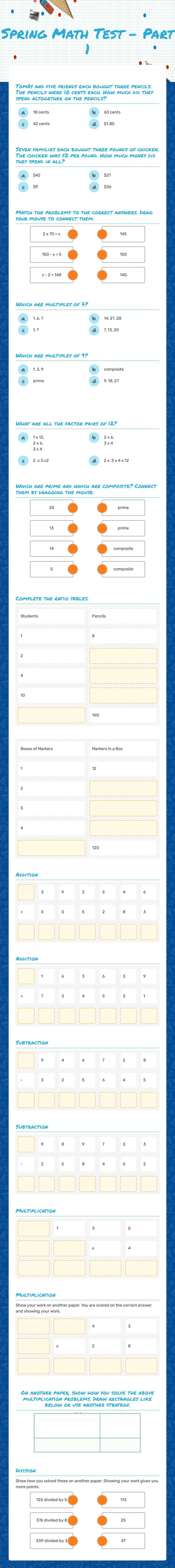 Spring Math Test - Part 1 worksheet preview image