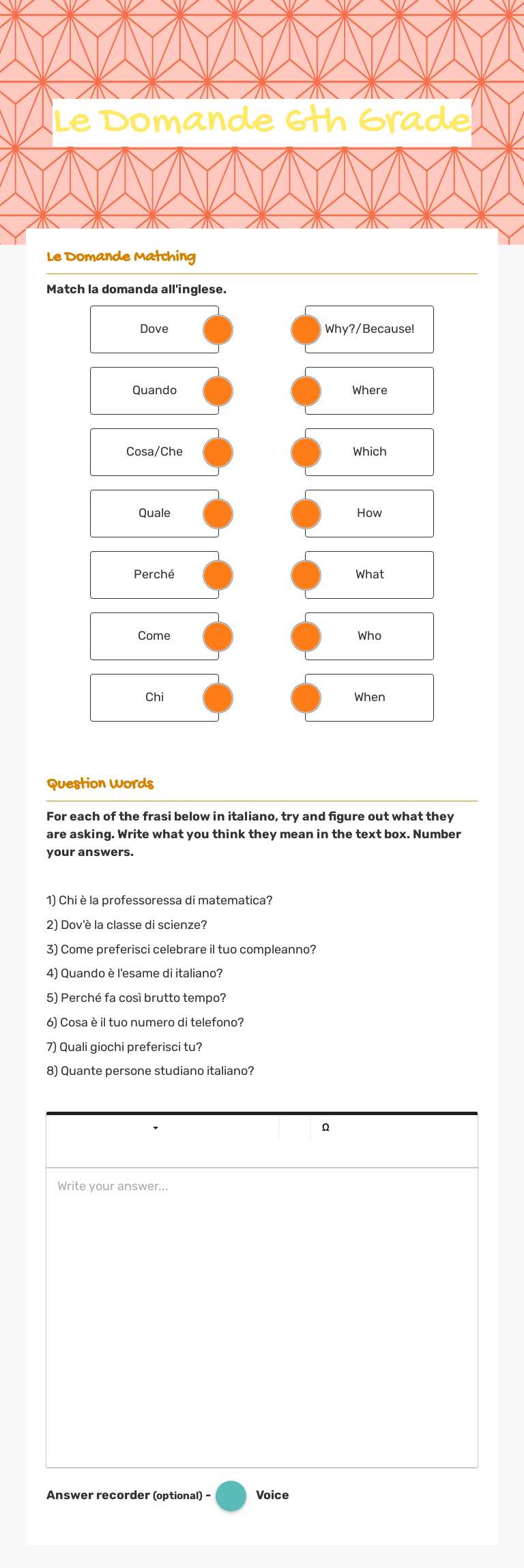 Le Domande 6th Grade worksheet preview image