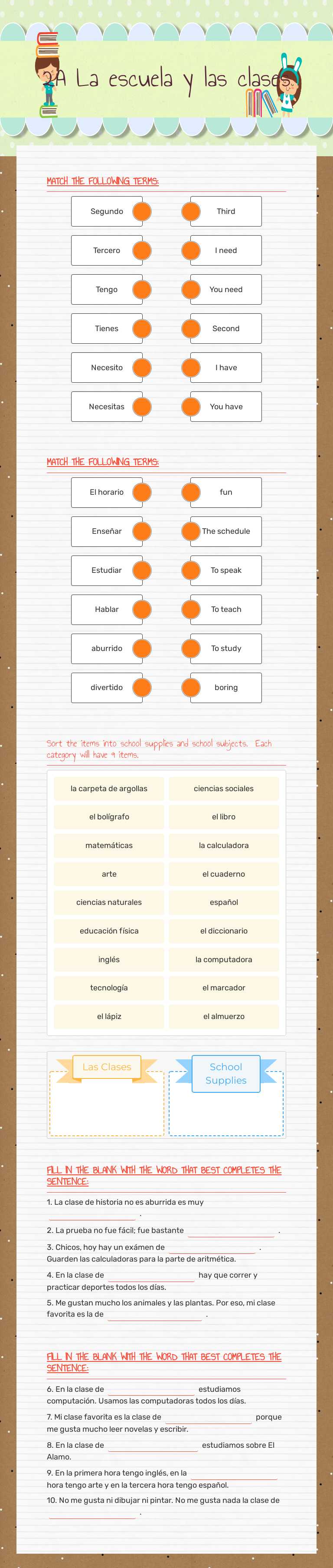2A La escuela y las clases worksheet preview image