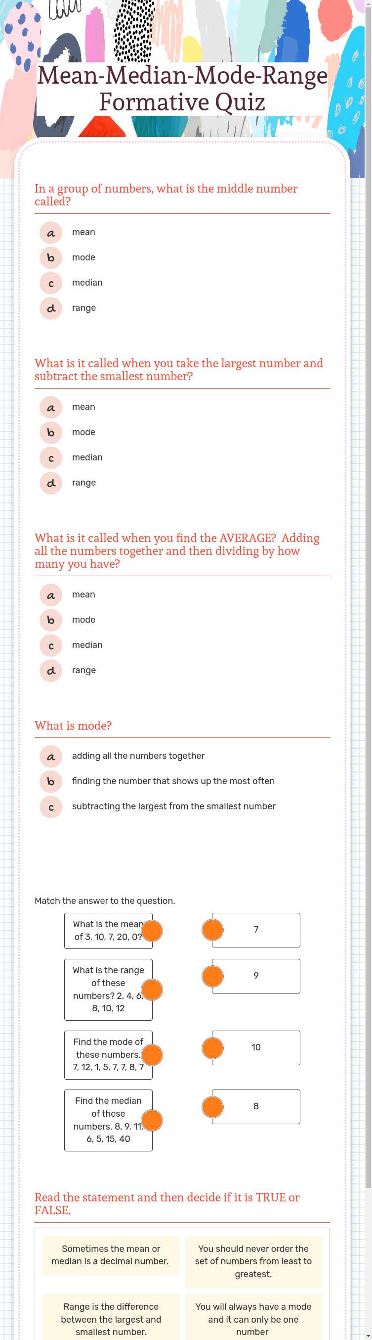 Mean-Median-Mode-Range Formative Quiz worksheet preview image