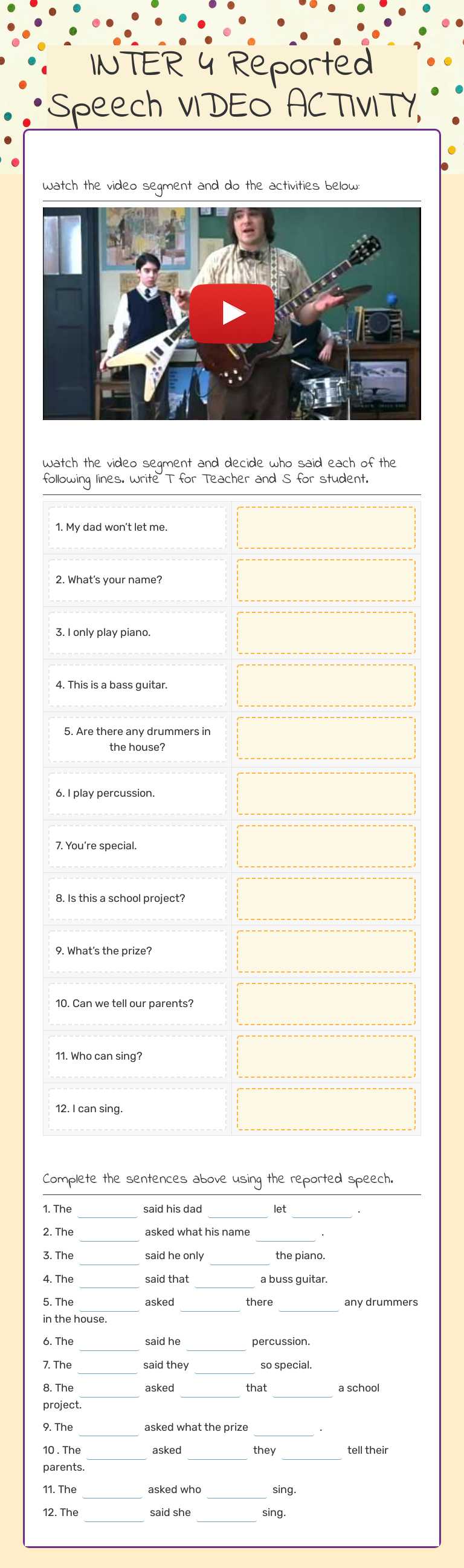 INTER 4 Reported Speech VIDEO ACTIVITY worksheet preview image
