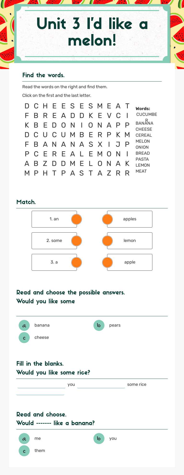 Unit 3 I'd like a melon! worksheet preview image