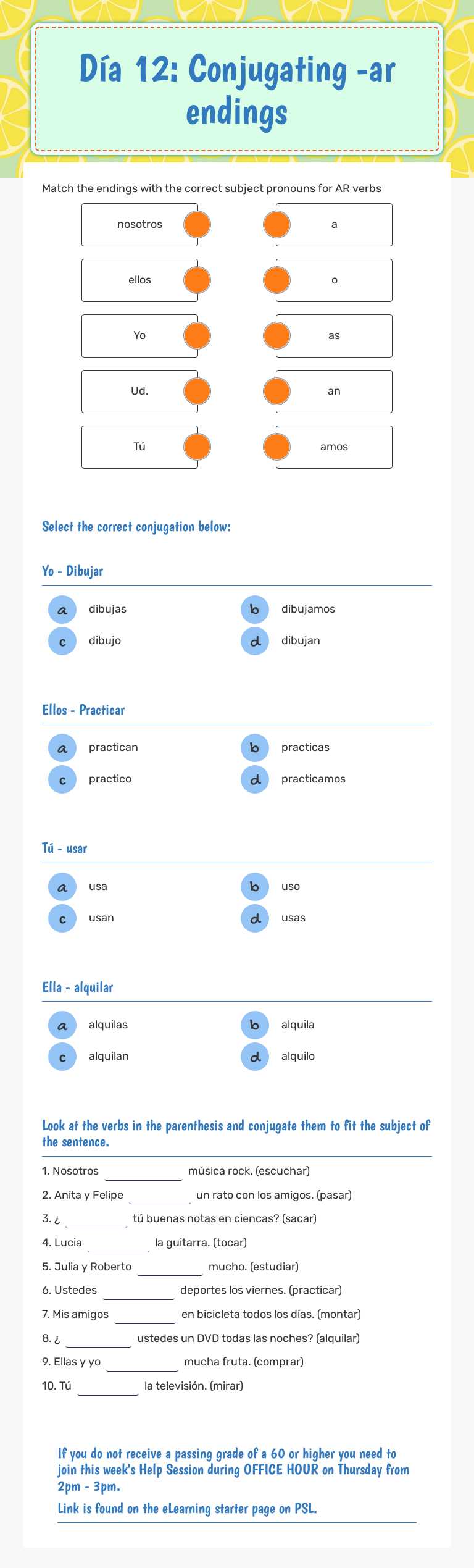 Día 12: Conjugating -ar endings Grade 7 worksheet preview