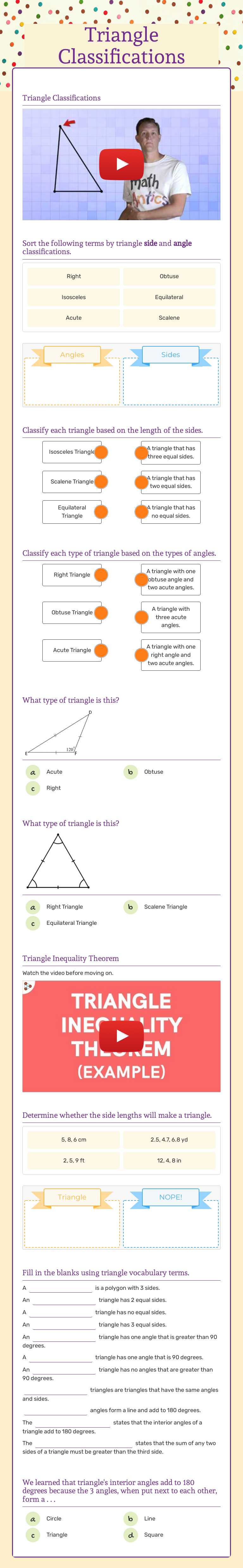 Triangle Classifications worksheet preview image