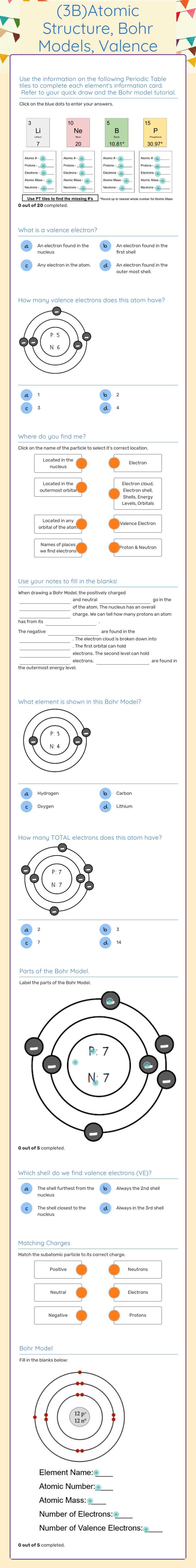 (3B)Atomic Structure, Bohr Models, Valence Electrons worksheet preview image