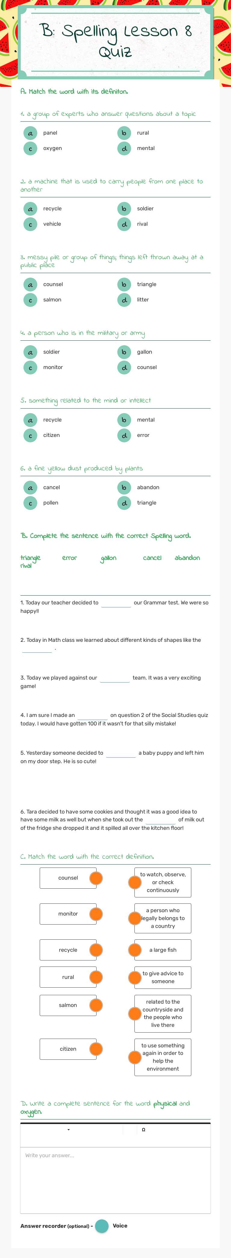 B: Spelling Lesson 8 Quiz worksheet preview image