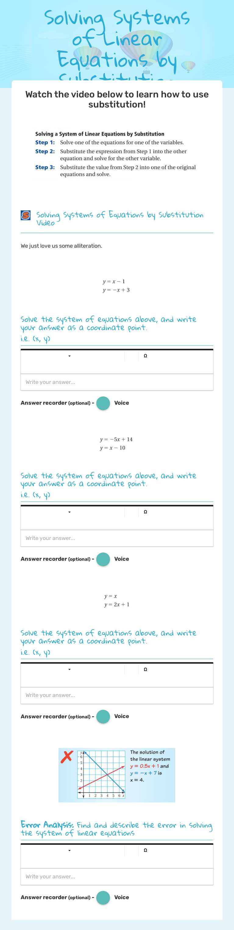 Solving Systems of Linear Equations by Substitution worksheet preview image