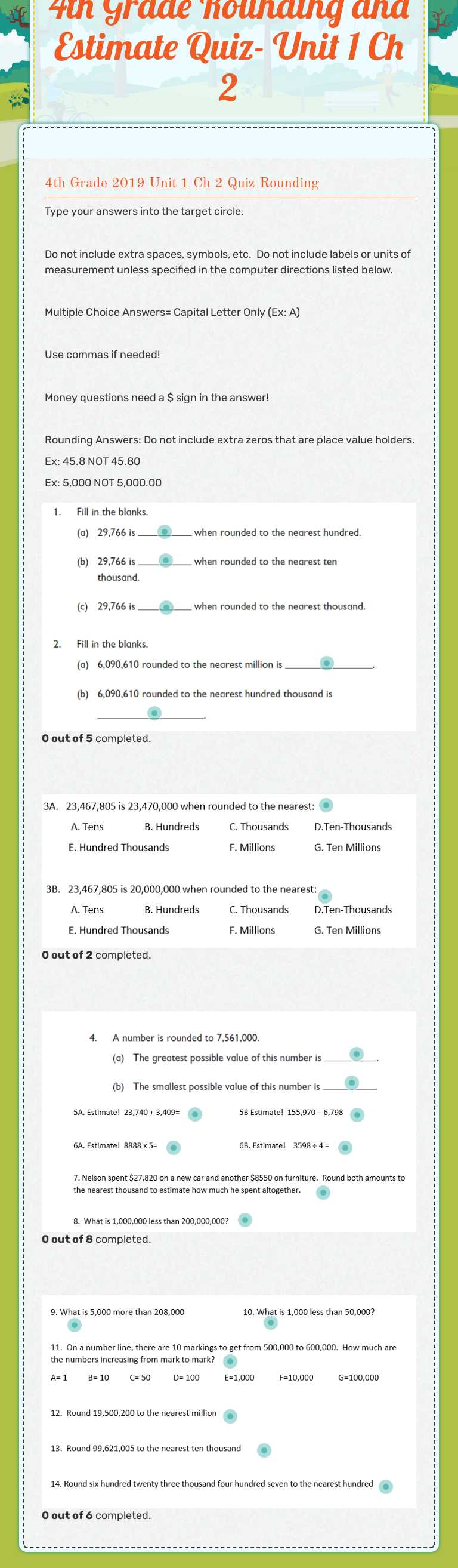 4th Grade Rounding and Estimate Quiz- Unit 1 Ch 2 worksheet preview image