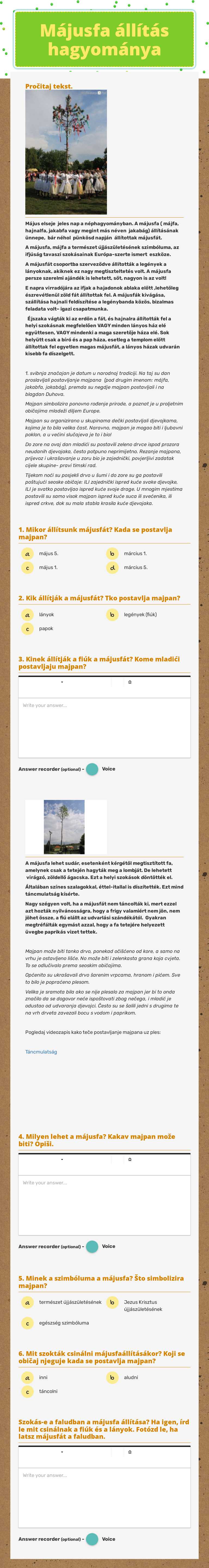 Májusfa állítás hagyománya Grade 5 worksheet preview