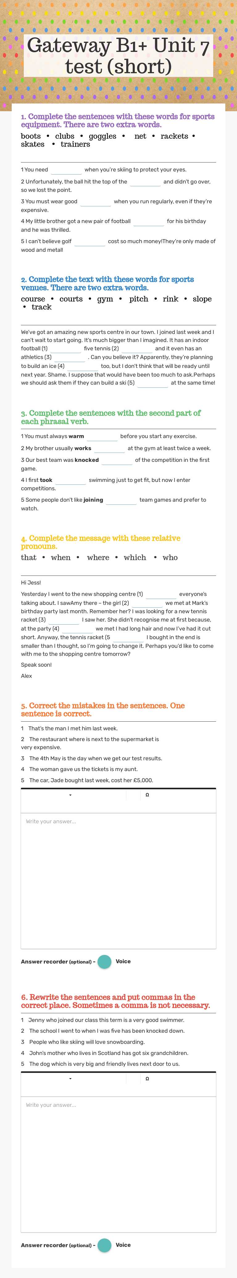 Gateway B1+ Unit 7 test (short) worksheet preview image