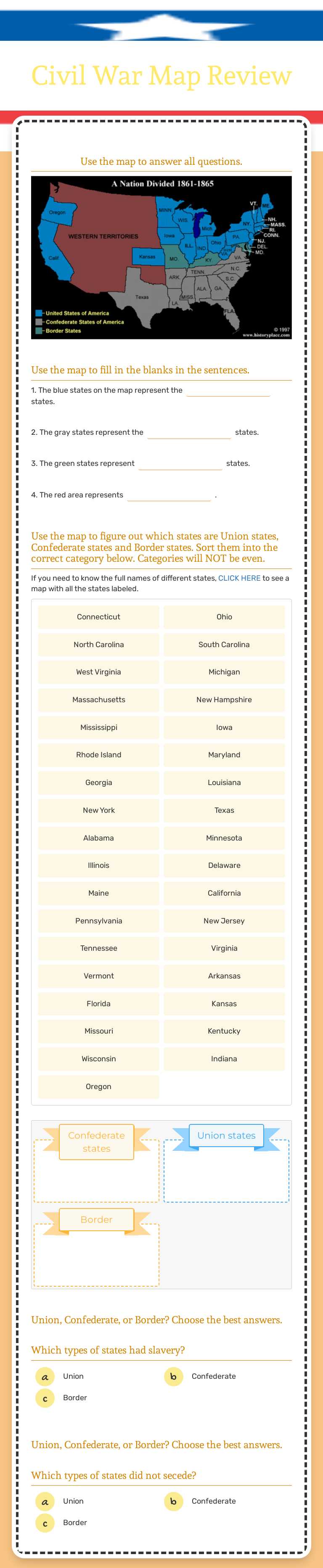 Civil War Map worksheet preview image