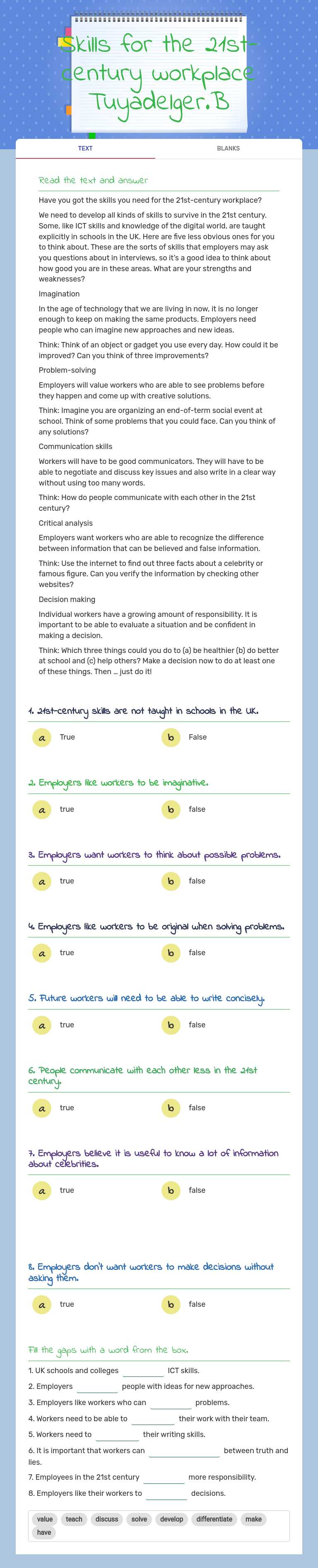 Skills for the 21st-century workplace Tuyadelger.B Grade 10 worksheet preview