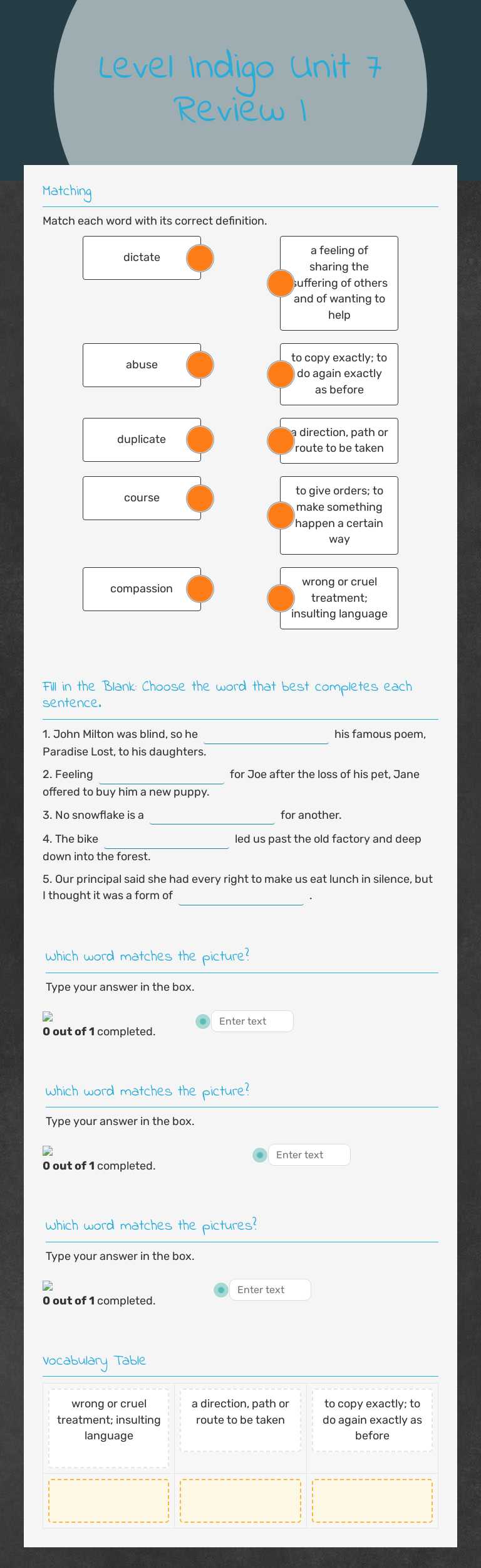 Level Indigo Unit 7   Review I worksheet preview image