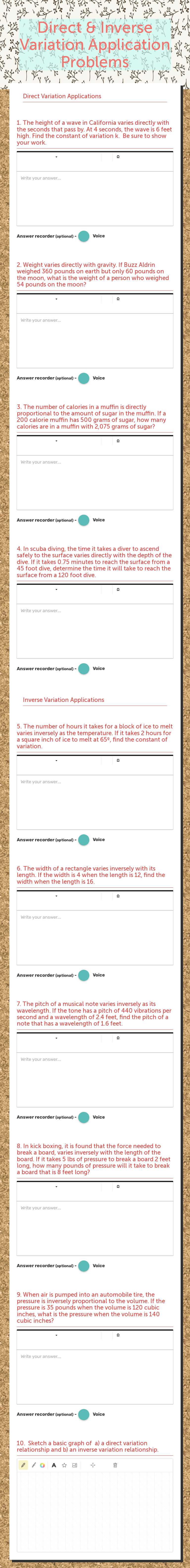 Direct & Inverse Variation Application Problems worksheet preview image