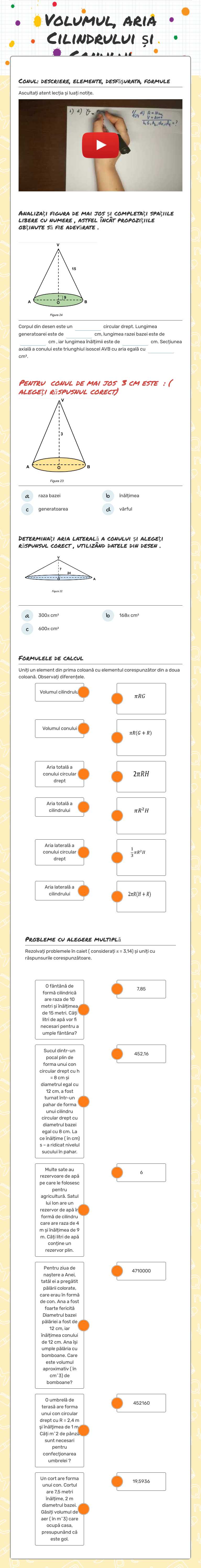 Volumul,  aria  Cilindrului și  Conului worksheet preview image