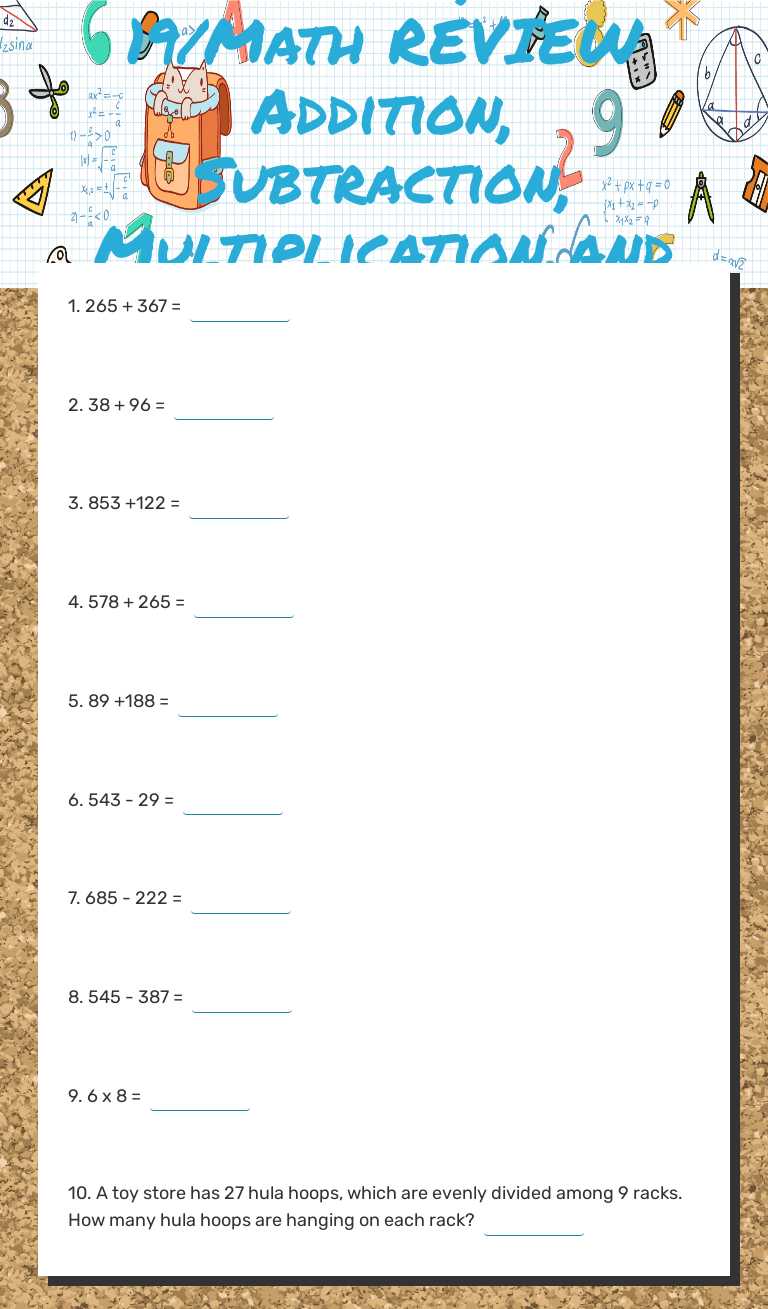 Wednesday, May 19/Math REVIEW Addition, Subtraction, Multiplication and Division worksheet preview image