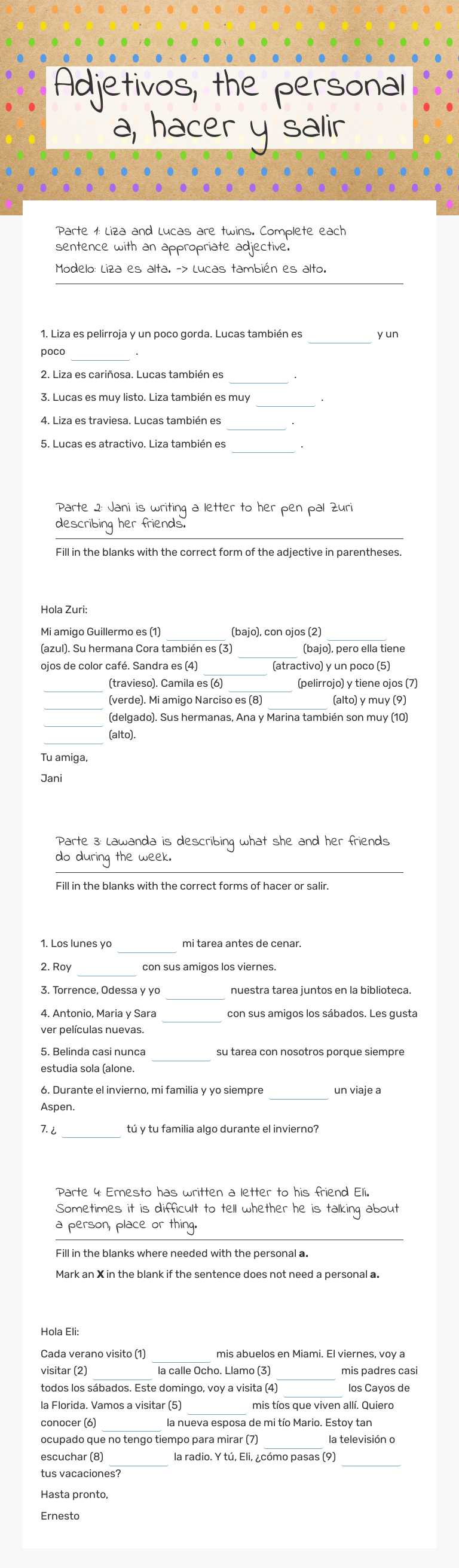 Adjetivos, the personal a, hacer y salir worksheet preview image