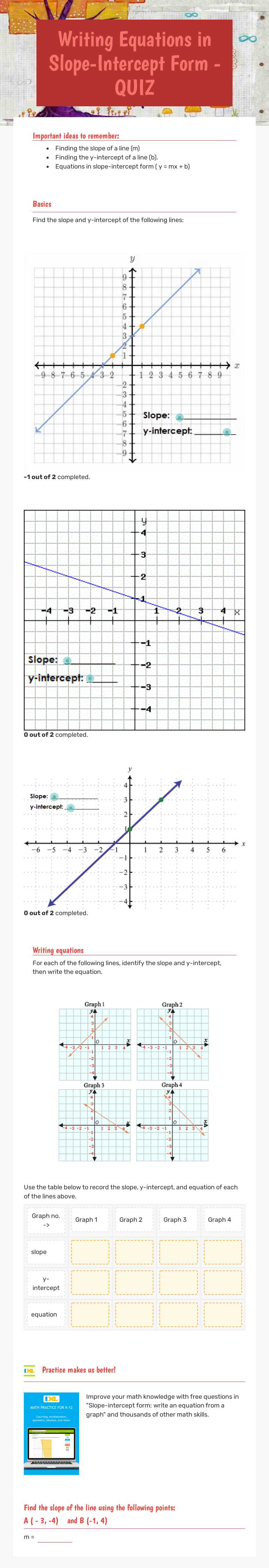 Writing Equations in        Slope-Intercept Form - QUIZ Grade 7 worksheet preview