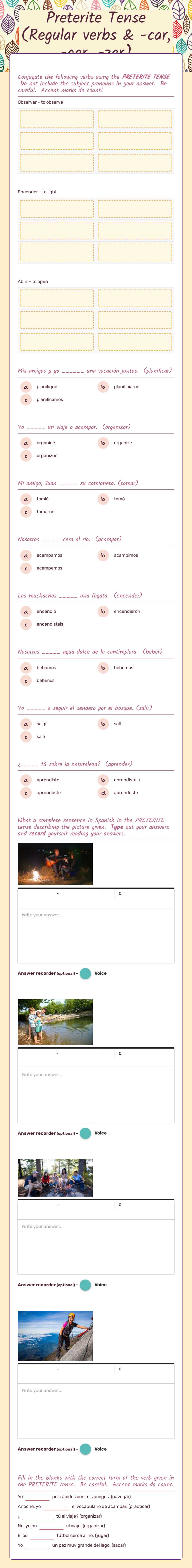 Preterite Tense (Regular verbs &   -car, -gar, -zar) worksheet preview image
