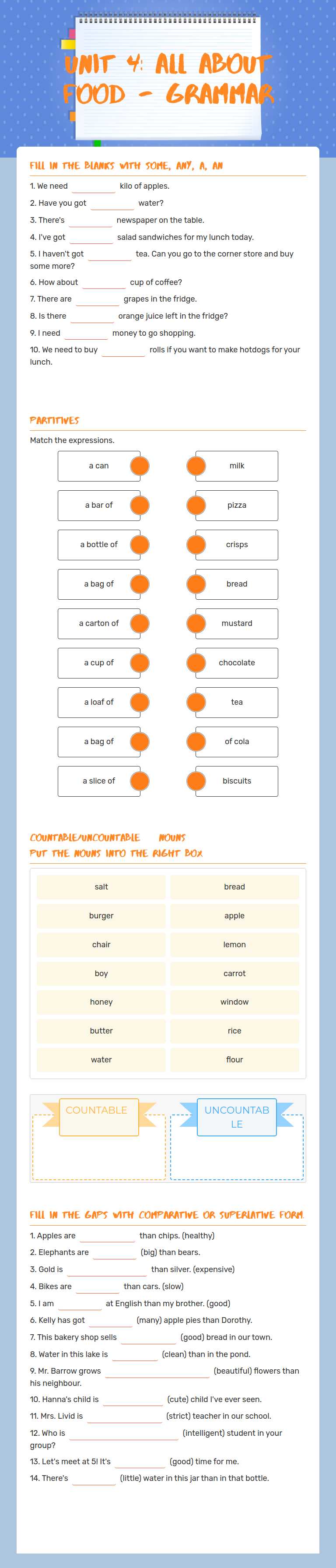 Unit 4: all about food 
- grammar Grade 5 worksheet preview