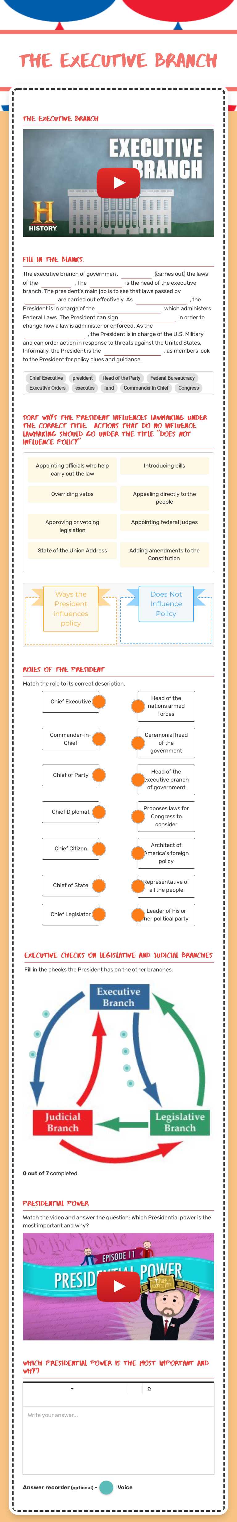 The Executive Branch Grade 10 worksheet preview