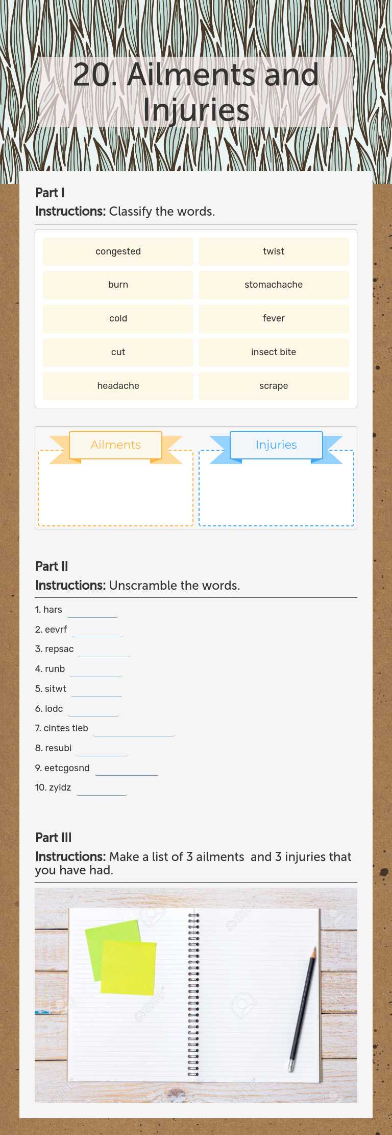 20. Ailments and Injuries worksheet preview image