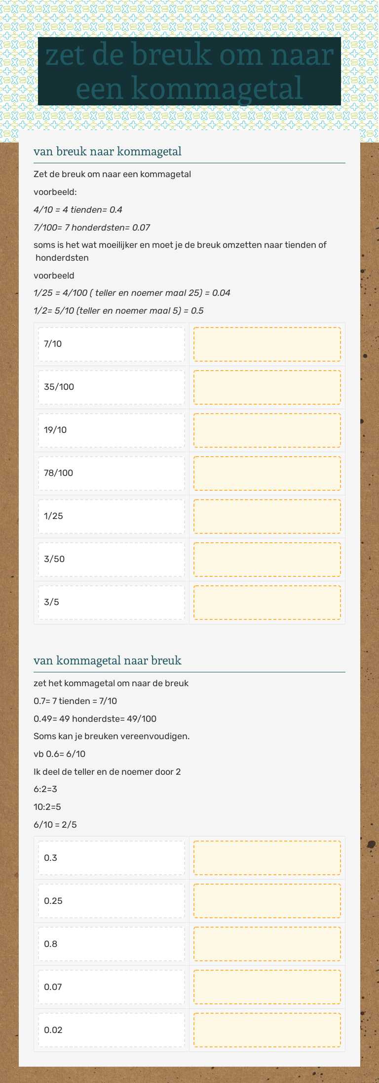 zet de breuk om naar een kommagetal Grade 4 worksheet preview