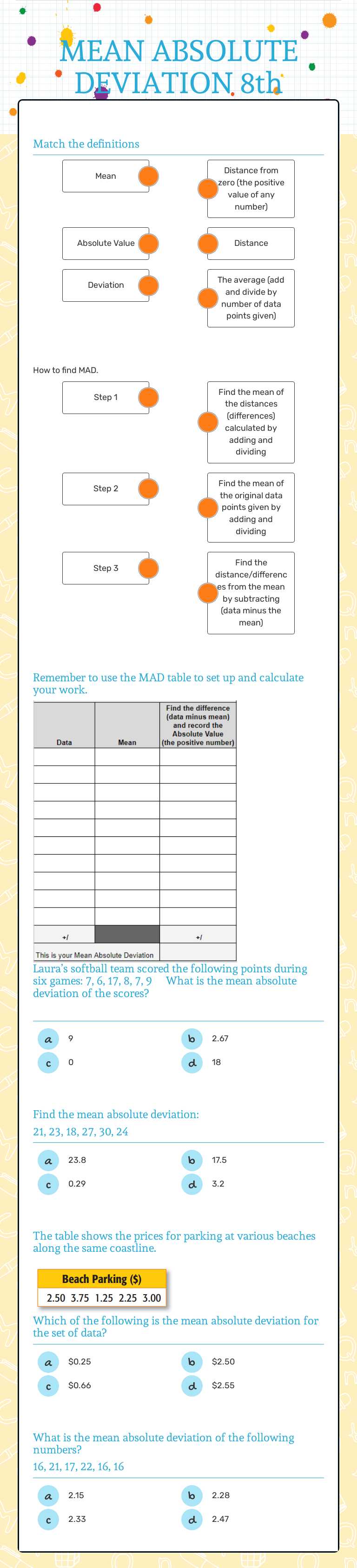 MEAN ABSOLUTE DEVIATION 8th worksheet preview image