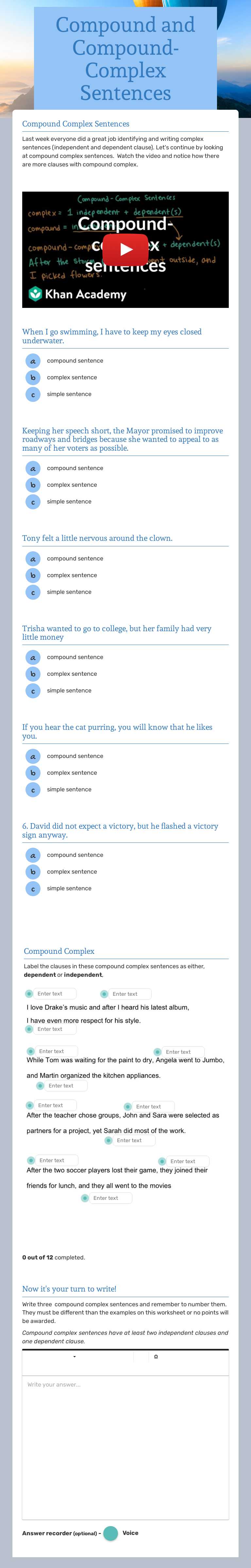 Compound and Compound- Complex Sentences Grade 8 worksheet preview