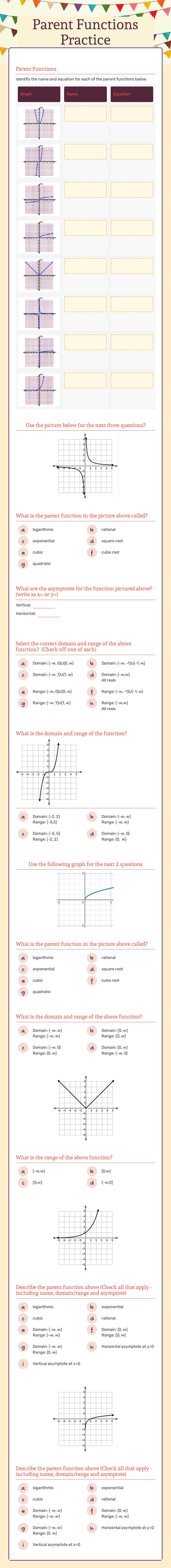 Parent Functions Practice worksheet preview image
