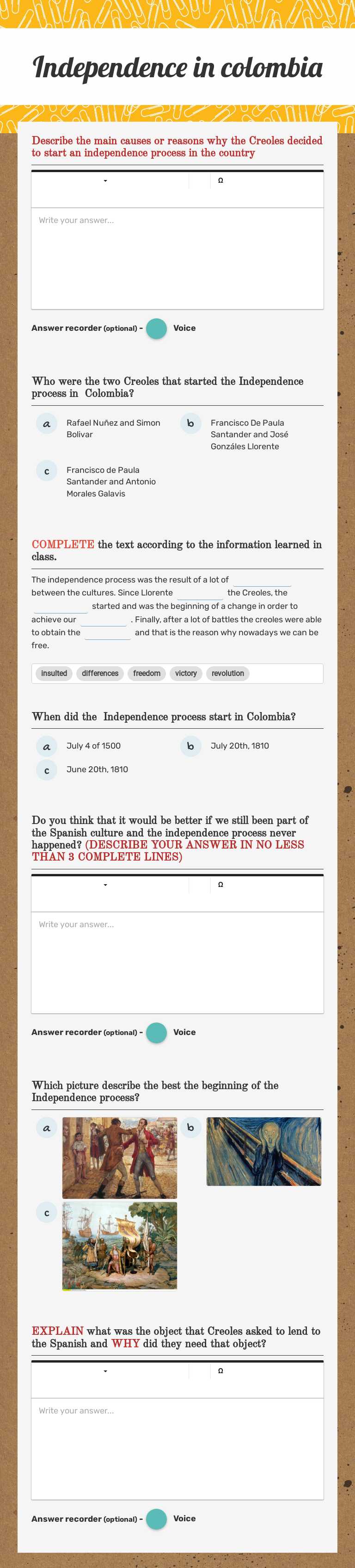 Independence in colombia worksheet preview image